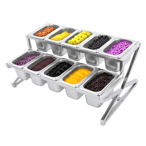 Unnsiapit Expandable Spice Rack, 2-Tier Stainless Steel Organizer Shelf with 10 1/9 Pans, Commercial Storage Containers Countertop Holder for Sauce Ingredients Toppings, 14