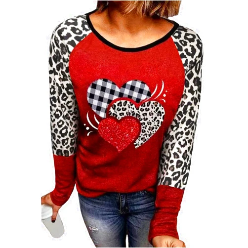 TIXOM Women's Valentine's T-Shirt Leopard Stripe Splicing Sleeve Raglans Shirt Love Heart Printed Buffalo Plaid Graphic Tees