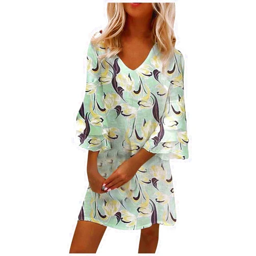 Shusuen Women‘s 3/4 Bell Sleeve V Neck Elegant Mini Dress Floral Printed Beachwear Temperament Casual Resort Dress