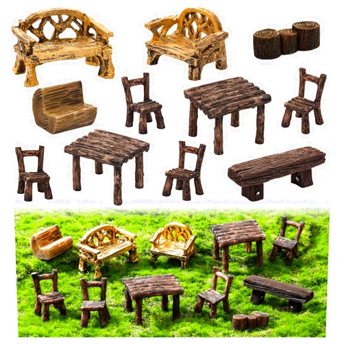 LSGYPAQ 11Pieces Fairy Garden Furniture Ornaments Miniature Table and Chairs Set Village Micro Resin Bench Chair Kit for Dollhouse Accessories Home Micro Landscape Decoration (Vintage Style)