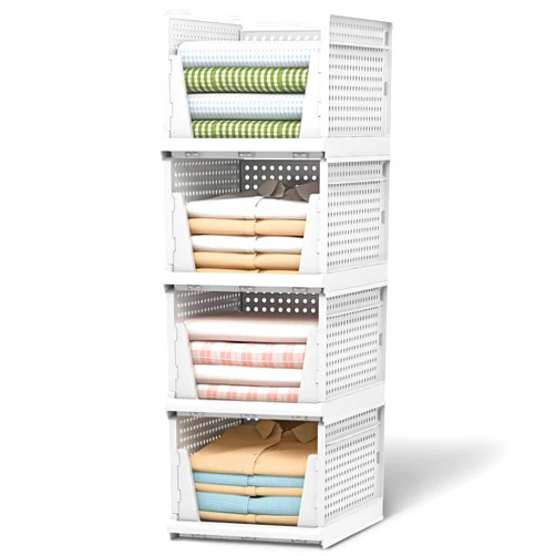 MSHOMELY Clothes Organizers and Storage, 4 Packs Stackable Plastic Storage Basket for Closet, Stackable Plastic Storage Bins Storage Box Closet Shelf for Bathroom Kitchen Office, 4XL