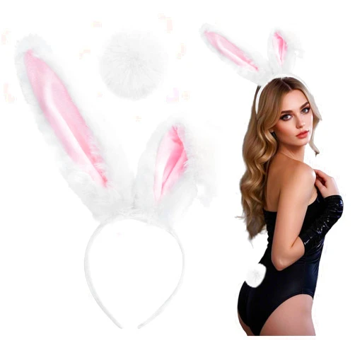 Dokeawo Bunny Ears Headband and Tail for Women Adult Bunny Costume, Bendable Rabbit Ears for Halloween Bunny Costumes