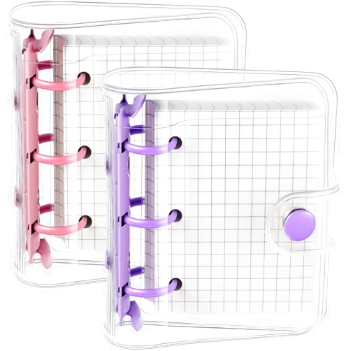 Zonon 2 Sets Mini Transparent 3 Ring Binder Covers with Mini Binder Inner Paper Pockets Clear Soft PVC Notebook Closure Loose Leaf Folder Round Ring Binder Cover Protector with Snap Button (Pink, Purple)