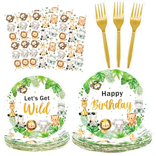 Lopeastar 100Pcs Safari Birthday Decorations Plates Set, Jungle Party Animal Birthday Plates Napkins Forks Party Supplies for 25 Guests