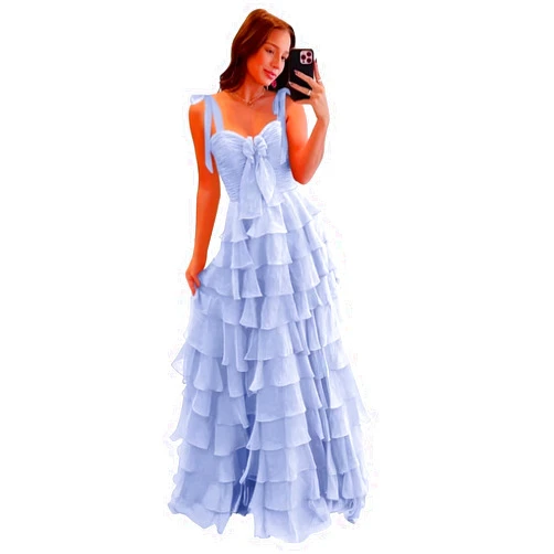 KNCERY Women’s Chiffon Tiered Ruffles Prom Dresses 2025 Spaghetti Straps A-Line Long Formal Ball Gown with Slit