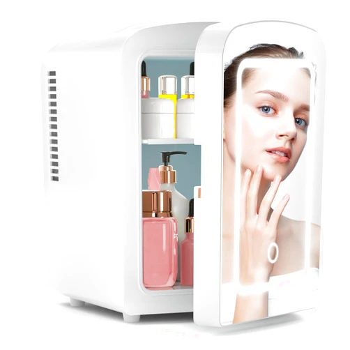 Xbeauty Skincare Mini Fridge With Dimmable LED Mirror, 4L Mini Makeup Refrigerator for SkinCare, Cosmetics, Food & Drinks, Portable Small Refrigerator for Bedroom, Dorm, Car, Office, White