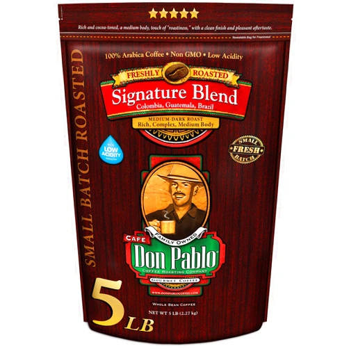 Cafe Don Pablo 5LB Don Pablo Signature Blend - Medium-Dark Roast - Whole Bean Coffee - Low Acidity - 5 Pound (5 lb) Bag