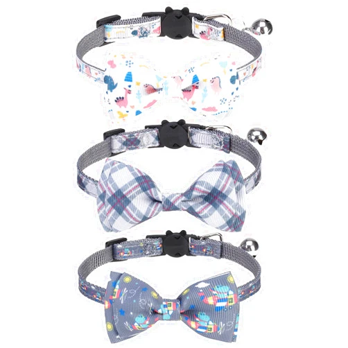 VKPETFR Breakaway Cat Collar with Removable Bow Tie and Bell, Cute Multi-Style Patterns, 3 Pack Safety Buckle Kitten Collars, Adjustable Pet Collar for Boy Cats Puppy (Gray)