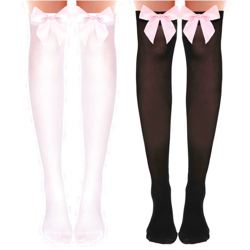 Hariendny 2 Pairs Black Thigh High Socks with Bow, White Sheer Stockings with Pink Bow, Satin Bow Stockings Women Knee Highs Stockings for Girls, Over Knee Long Stockings with Pink Bows