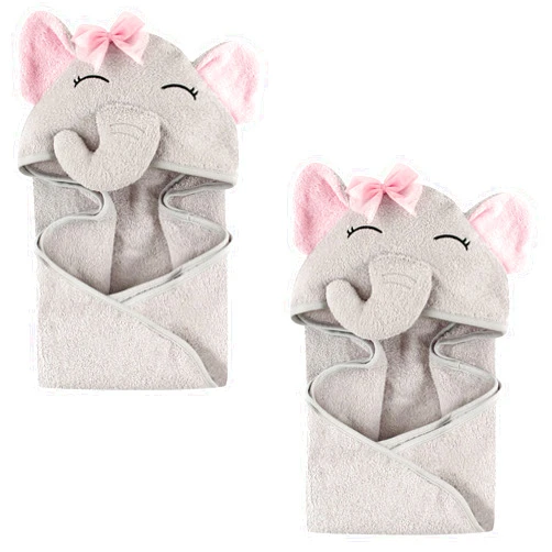Hudson Baby Unisex Baby Cotton Animal Face Hooded Towel, Pretty Elephant 2-Piece, One Size