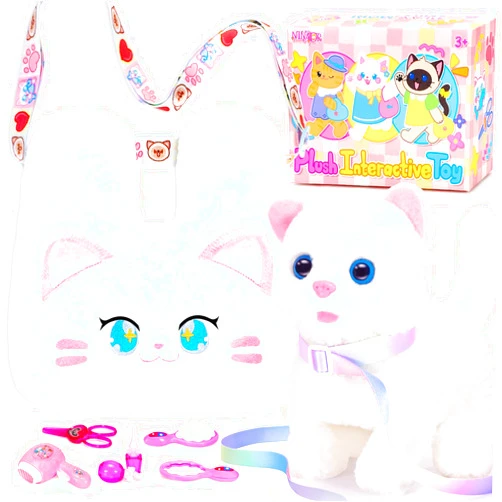 NINAOR Interactive Cat Toys for Kids with Crossbody Bags, Stuffed Cat Plush with Leash Walking Meow Pretend Play Kitty Robot Pet Toy, Electronic Realistic Cute Stuff for Girls Plushies Toddler Toys