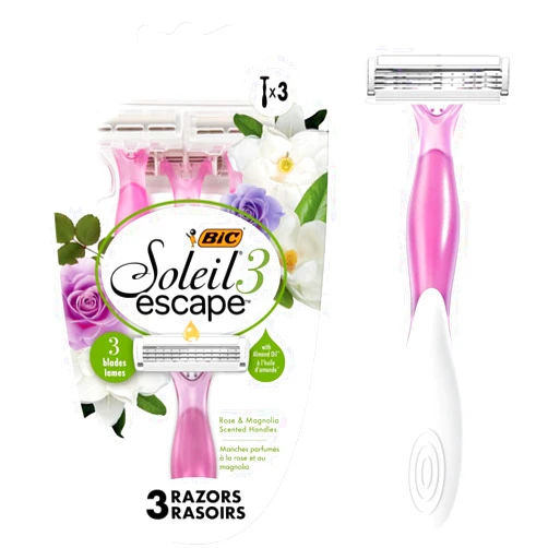 BIC Soleil Escape Women's Disposable Razors, 3 Blades for a Comfortable Shave, Pack of Rose and Magnolia Scented Handle Shaving Razors for Women, 3 Count