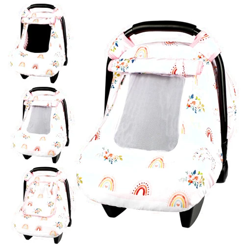 Pea Pod Winter Baby Car Seat Cover for Newborn, Warm Infant Car Seat Canopy Covers with 2 Layers Windows of Breathable Mesh/Fabric, Lightweight Polyester/Thick Minky Dot Backing (Floral & Rainbow)