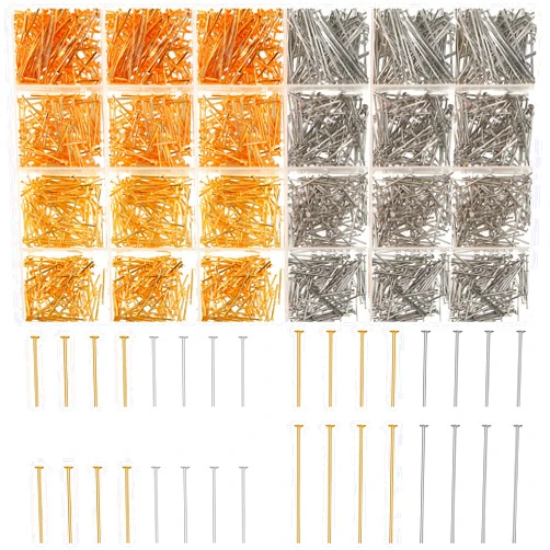 Junkin 2800 Pieces Headpins for Making Jewelry Flat Head Pins Set 0.63 Inch 0.71 Inch 0.79 Inch 1.18 Inch Jewelry Making Head Pins Mix Beading Pins for DIY Jewelry Making (Gold, Silver)
