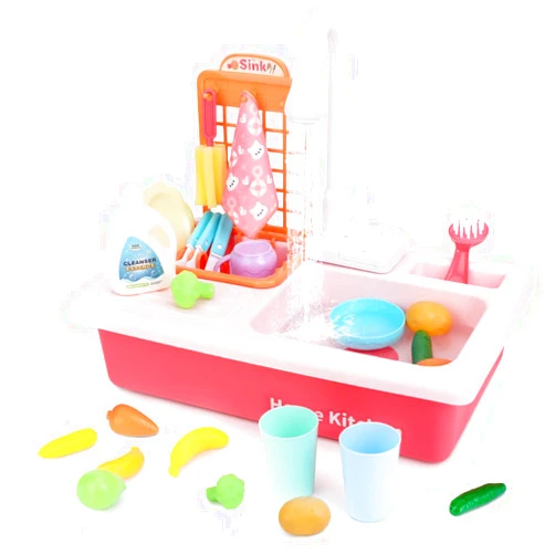 BOBXIN Play Sink with Running Water, Kids Pretend Play Kitchen Toy Sink for Girl, Role Play Electric Dishwasher Kitchen Water Toys Set with Upgraded Working Faucet and Dishes Playset for Boy Toddler