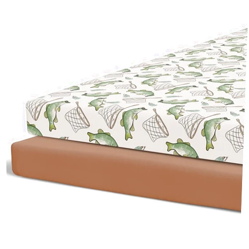 Pobibaby - 2 Pack Premium Pack N Play Sheets Fitted for Standard Pack and Plays and Mini Cribs - Ultra-Soft Jersey Knit, Stylish Floral Pattern, Safe and Snug for Baby (Gone Fishing)