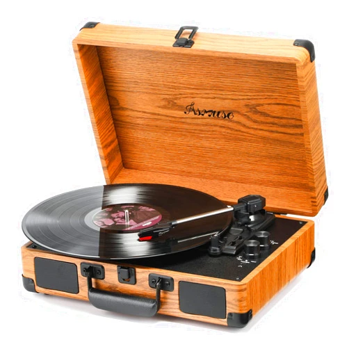Asmuse Vinyl Record Player, 3 Speed Turntable Bluetooth Record Player with 2 Built in Stereo Speakers Supports AUX in, Portable Suitcase Vintage Wood Grain Record Player