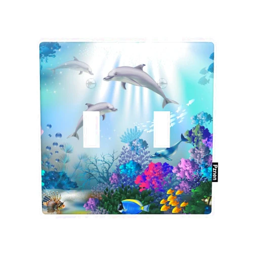 Pznen Sea Toggle Light Switch Wall Plate Ocean Animal Dolphin Shark Underwater Aquarium Corals Ocean Blue 2-Gang Wall Plate Dual Switch Faceplate Under The Sea Party Wall Art