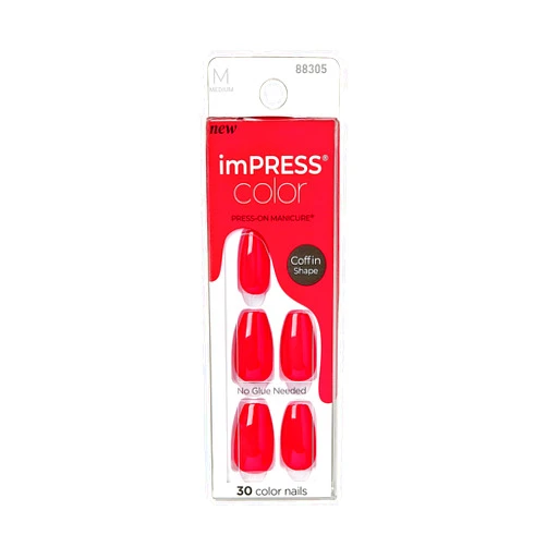 KISS imPRESS Color No Glue Mani 30 Pcs Press On Nails, Solid Red, Medium Size, Coffin Shape, Simple Peel & Press Easy Apply, Hassel-Free Removal, Essential Tools Included