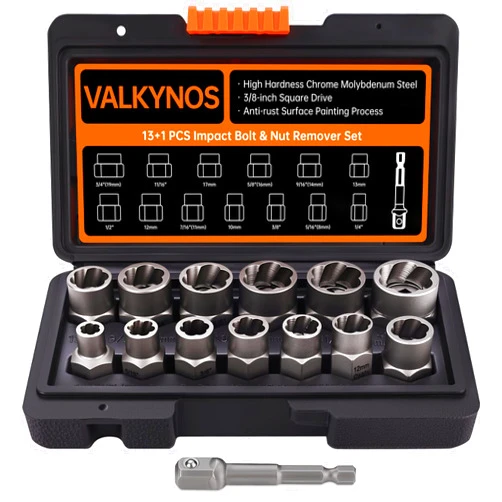 Valkynos Bolt Extractor Kit 13 Pcs, Stripped Bolt Extractor Set, Impact Bolt Nut Removal Tool, Easy Out Remove Rusted, Frozen, Damaged, Rounded-Off Bolt Nut Screw, with Hex Drive, Cr-Mo Steel
