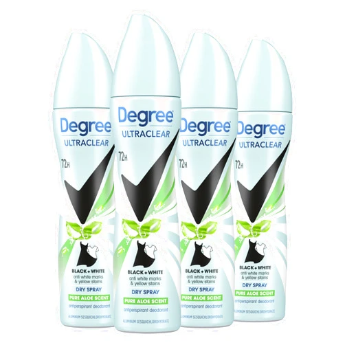 Degree UltraClear Antiperspirant Deodorant Dry Spray 4 pack for 72h Nonstop Sweat Protection For Women Pure Aloe Scent Anti White Marks And Yellow Stains 3.8 Oz