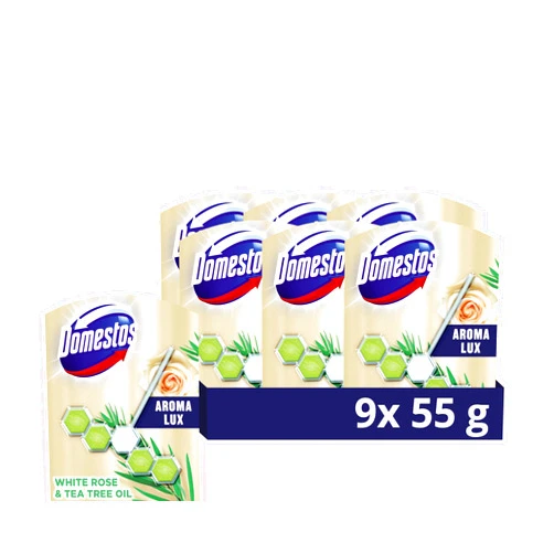 Domestos Aroma Lux White Rose & Tea Tree Oil toilet rim block fights bad odours for a fresh toilet 24/7 Toilet Block toilet freshener with highly concentrated fragrance oils 9 x 55 g