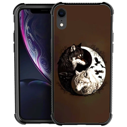 FKBRCL4U for iPhone XR Case, Yin Yang Black White Wolf Forest Pattern Graphic Design Girl Boy Soft Silicone Hard Acrylic Shock Protection for iPhone XR