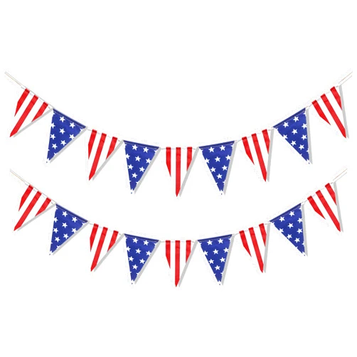 Uniwish Pre-Strung Happy 4th of July American Flag Banner, Red White Blue Stars and Stripes Pennant for Patriotic Party Decorations, USA Flag Hanging Bunting Party Favors