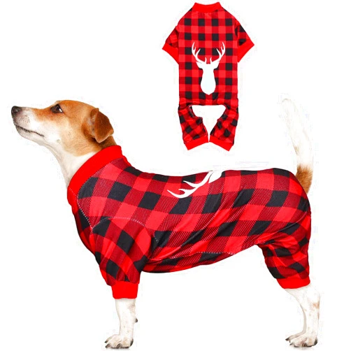 Jamktepat Dog Pajamas Buffalo Plaid with Reindeer Print Dog Onesie Dog Pjs Super Soft and Stretchy Dog Christmas Jammies for Large Dogs (L)