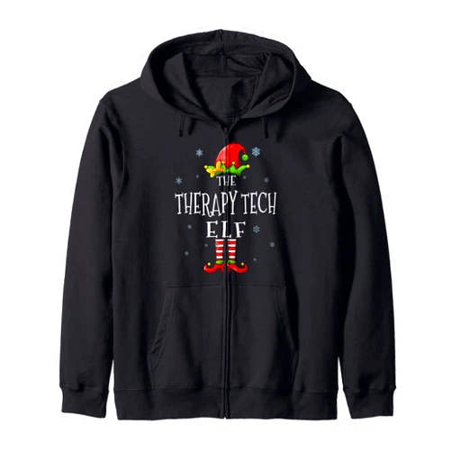 TeeaxArt Xmas Apparel & Gifts The Therapy Tech Elf Squad Funny Groupe Matching Christmas Zip Hoodie