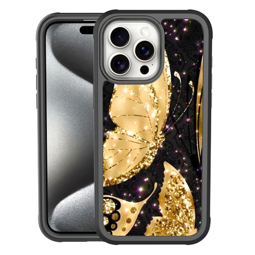 RYBOOL Case for iPhone 15 Pro Max Fashion Design,Full Body Protective Shockproof TPU Bumper and PC Back Protective Armor Phone Cover for iPhone 15 Pro Max 6.7 Inch 2023(Gold Butterfly)