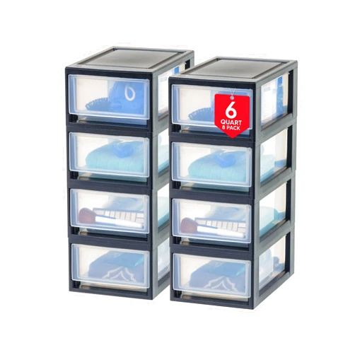 IRIS USA 6 Qt. Plastic Drawer Storage Organizer Stacking Drawers, 8-Pack, Stackable Unit with Sliding Drawer for Clothes Bedroom Kitchen Under Sink Pantry Craft Room Bathroom Dorm Office, Black