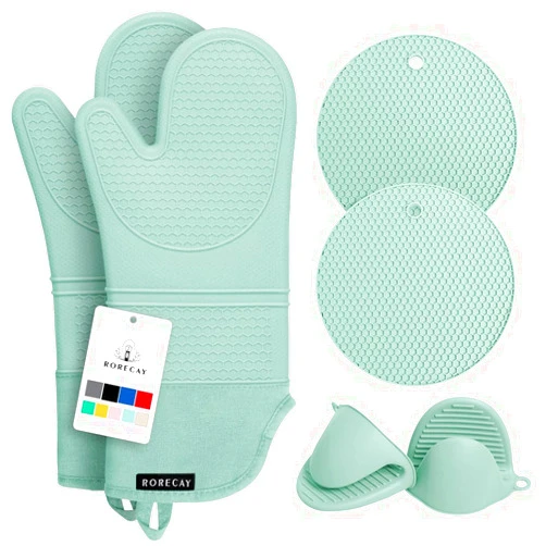 Rorecay Extra Long Oven Mitts and Pot Holders Sets: Heat Resistant Silicone Oven Mittens with Mini Oven Gloves Hot Pads Potholders for Kitchen Baking Cooking, Quilted Liner, Pack of 6 (Bermuda Teal)
