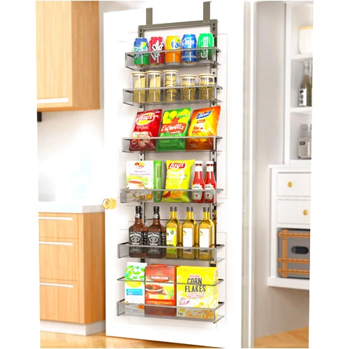 REFLYING Over the Door Pantry Organizer, Pantry Door Organizer 6-Tier Mesh Basket, Pantry Hanging Storage Baskets with Adjustable Hooks Hanging & Wall Mounted，for Kitchen, Bathroom,Storage Room (Black)