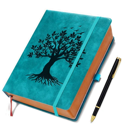 ZXHQ 360 Pages Thick Journal for Women & Men, A5 Lined Journaling Notebook for Writing, Hardcover, 100Gsm Paper, Tree of Life Design, Pen Set, Vintage Brown Edge, Back Pocket, Seagreen
