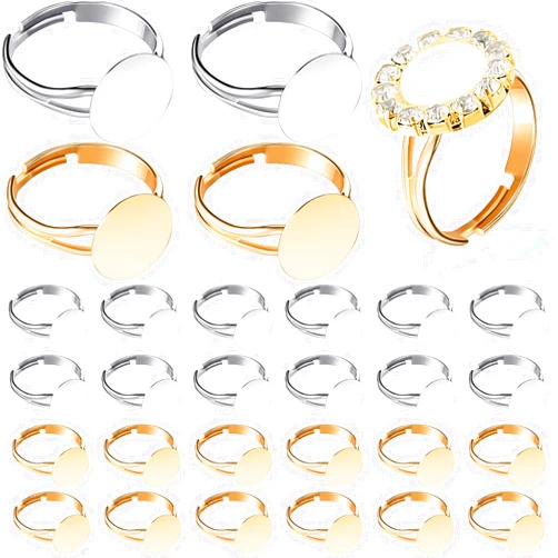 Herdear 40 Pieces Blank Ring Plated Adjustable Flat Ring 12 mm DIY Blank Ring Base Jewelry Finding Ring (Silver, Gold)