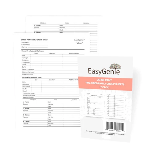 EASYGENIE LARGE PRINT Two-Sided Family Group Sheets for Genealogists (7-pack) by EasyGenie | Archival-Quality Genealogy Forms