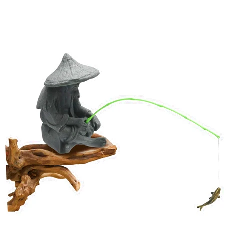 DUZFOREI Asian Fisherman Statue, Livelyfish Aquarium Fisherman, Sitting Fishing Garden Statue, Vintage Resin Figurine for Home and Aquarium Decoration