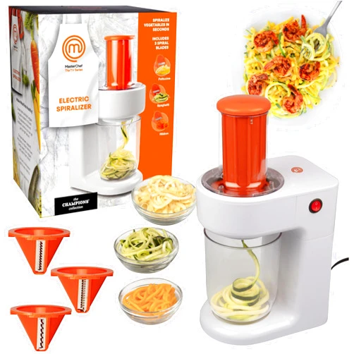 MasterChef Electric Spiralizer- 3-in-1 Vegetable Noodle Pasta Maker-Homemade Low Carb, Keto, Vegan, Gluten Free Pasta -Zoodle Zucchini Veggie Slicer and XL Hopper (w FREE Recipe Guide)