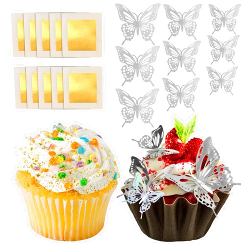 KZZDNN Edible Cake Decorations, 10 Sheets Edible Gold Leaf Sheets & 12 Pcs Butterfly Cake Decorations, Edible Gold Leaf for Cakes, 3D Butterfly Decorations, Birthday Decorations, Party Decorations