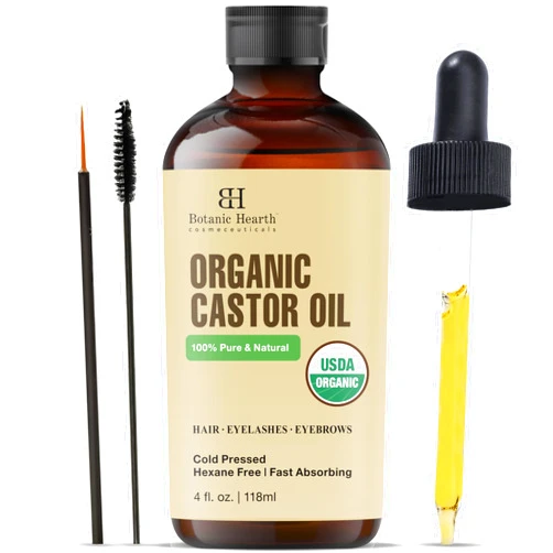 Botanic Hearth Castor Oil | USDA Certified Organic |100% Pure & Hexane Free | Cold Pressed | Growth for Eyelashes, Eyebrows, Hair | With Eyebrow & Eyelash Brush | 4fl oz