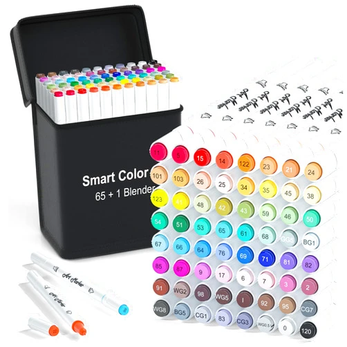 Smart Color Art ChicRosa Art Markers, 65 Coloring Markers and 1 Blender, 66 Pack Alcohol Based Dual Tip Permanent Markers Highlighters with Case, Excellent for Adults Kids Coloring Marking Drawing Sketching (Black)