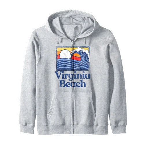 Surf Dawg Virginia Beach Threads Virginia Beach Retro Surfer Vintage Beach & Wave Graphic Zip Hoodie