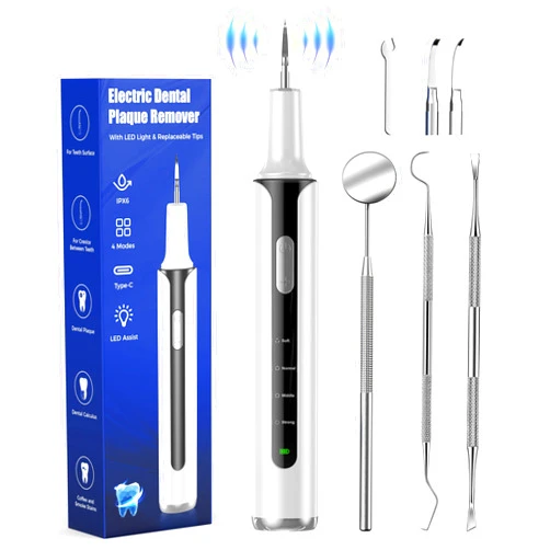 OXRMAK Plaque Remover for Teeth, 4-Mode Electric Tartar Remover with LED Light, Rechargeable Teeth Cleaning Kit, Dental Tools Set with 3 Replaceable Heads