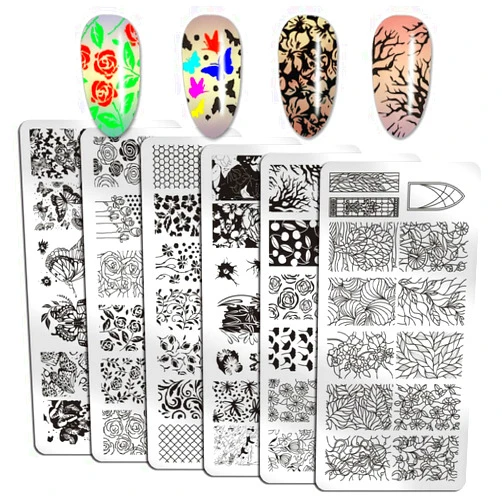 WOKOTO 6Pcs Nail Art Stamping Plates Kit with Flower Butterflies Rose Bird Image Templates Stamping Nail Art Tools