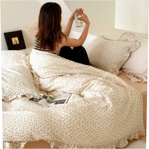 BuLuTu Vintage Floral Design Kids Duvet Cover Twin Cottage Camellia Print Comforter Cover with Ruffles Soft Muslin Cotton Quilt Cover for Girls Boys, Zipper & Corner Ties, No Filling/Pillowcase