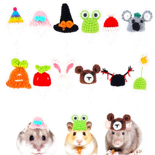 DIVINA VITAE 12Pcs Hamster Hats Animals Tiny Hats Guinea Pig Snake Hat with Adjustable Strap Small Cute Hand Knitted Mini Party Hats for Stuffed Animals Christmas Holiday Party