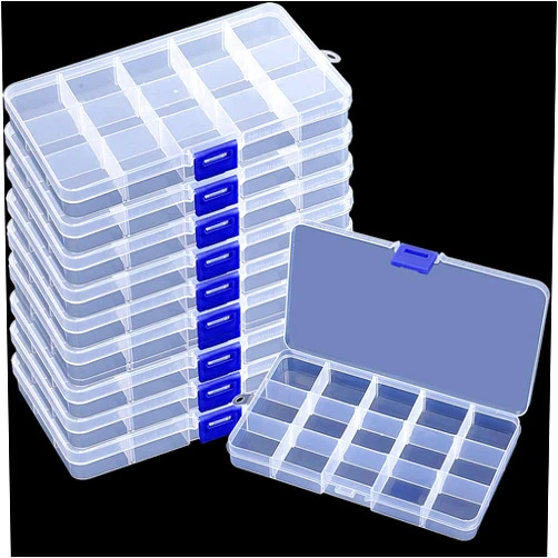 KINJOEK 10 Pack 15 Grids Plastic Bead Organizer Containers Storage, Adjustable Dividers Diamond Jewelry Craft Painting Storage Case, Clear Small Fishing Tackle Box for Sewing Cross Stitch Accessories