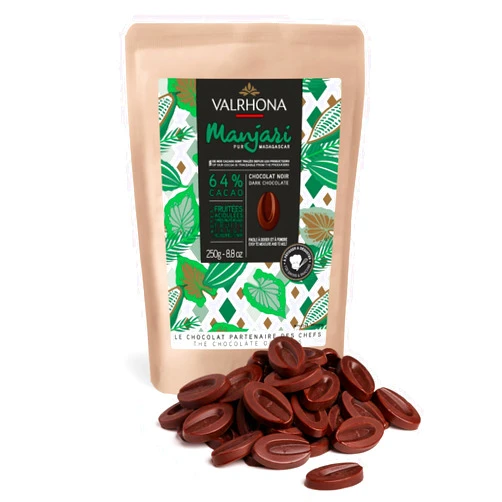 Valrhona Premium French Baking Dark Chocolate Discs (Feves). MANJARI 64% Cacao Single Origin. Easy Melt. Easy to chop. Creamy & Balanced. Sauces, Cakes, Mousses, Frostings and Candies 250g (Pack of 1)