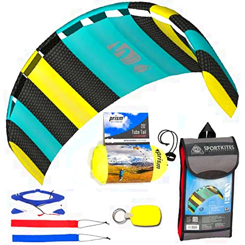 HQ Power Kites, Prism, WindBone HQ Symphony Beach III 2.2 Kite Aqua Bundle (3 Items) + Prism 20ft Tube Tail + WindBone Kiteboarding Lifestyle Key Fob & Stickers